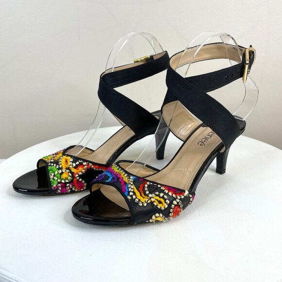 J. Renee Womens Soncino Ankle Strap Kitten Heels Size 8.5 WIDE Embroidered Artsy